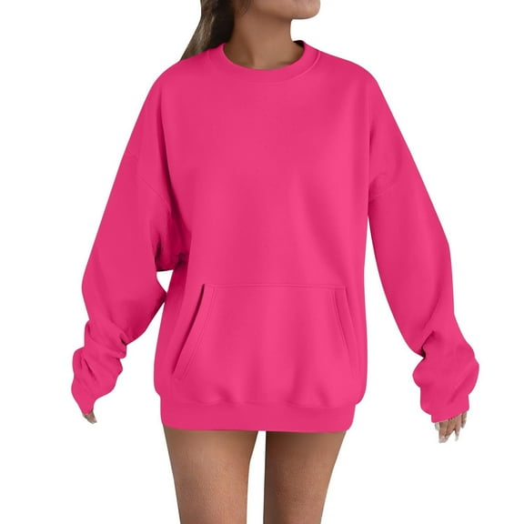 Fnooota Womens Sweatshirts with Pockets, Casual Drop Shoulder Loose Fit Crewneck Long Sleeve Tops Hot Pink Size S-2XL