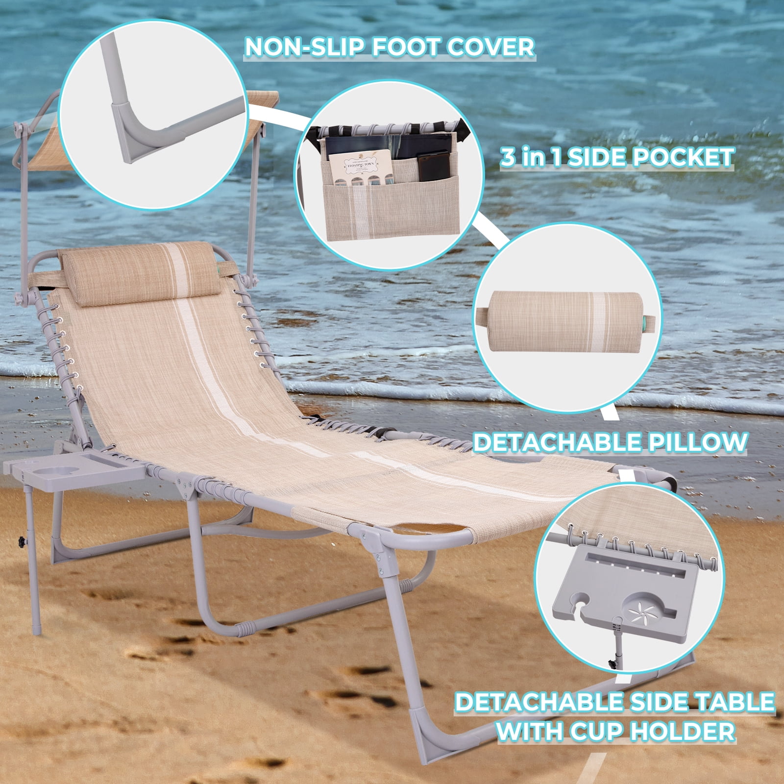 #WEJOY 5-Position Heavy Duty Folding Lay Flat Low Beach Chair Outdoor Lightweight Portable Camping Foldable Chairs Backpack Hiking Chairs 並行輸入 WEJOY Folding Tanning Chair with Canopy Shade, Martinique | Ubuy