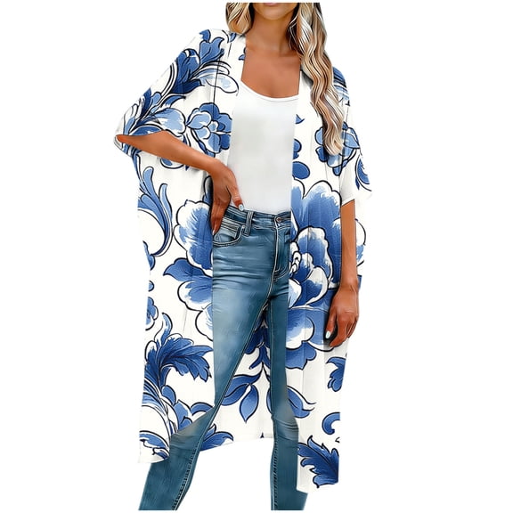 Avrnliq Womens White Floral Kimono Swimsuit Cover Up Duster, Plus Size S-XXXXXL Breathable Mid-Calf Open Front Travel-Friendly Wrinkle-Resistant Cover Up,Size L