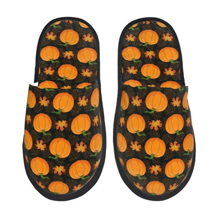

Noikeo Orange Pumpkin And Autumn Maple Pattern Cozy Slippers Indoor for Women and Mens Fuzzy House Shoes Soft Plush Warm Slip-on Slippers-Large