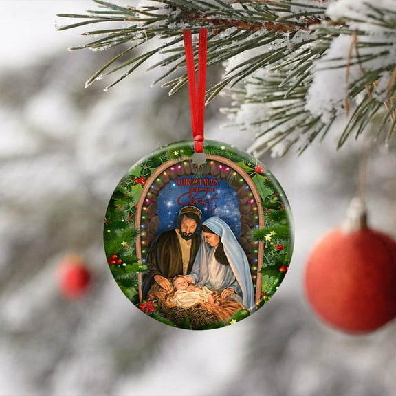 Flagwix Ceramic Christmas Tree Ornaments| Christmas Begins With Christ Hanging Ornament With Ribbon|Christmas Gifts - Circle, 1 Pcs