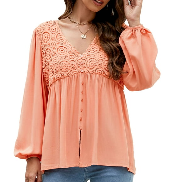 Women T Shirts Lace Stitching V Neck Long Puff Sleeve Single Breasted Decoration Casual Top Pinkish Orange M