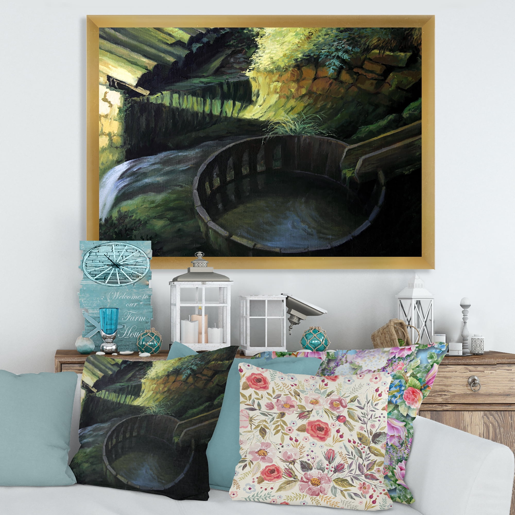 Designart 'Old Watermill In Green Nature Landscape' Lake House Framed Art Print