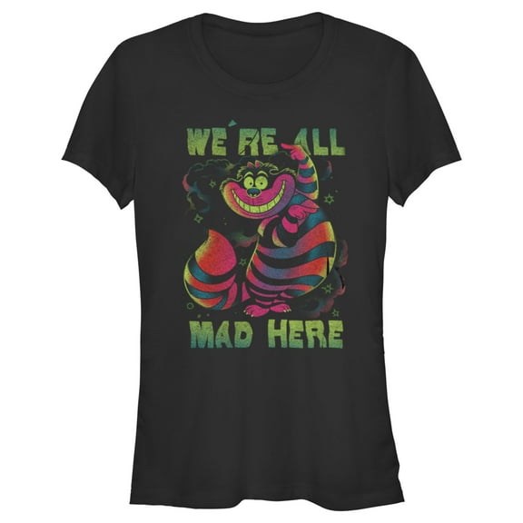 Junior's Alice in Wonderland Rainbow Cheshire Graphic Tee Black Large