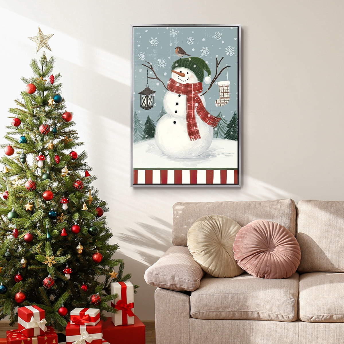 Jolly Snowman Collection B - Framed Gallery Wrapped Holiday Canvas - 27 x 41 - Silver Frame
