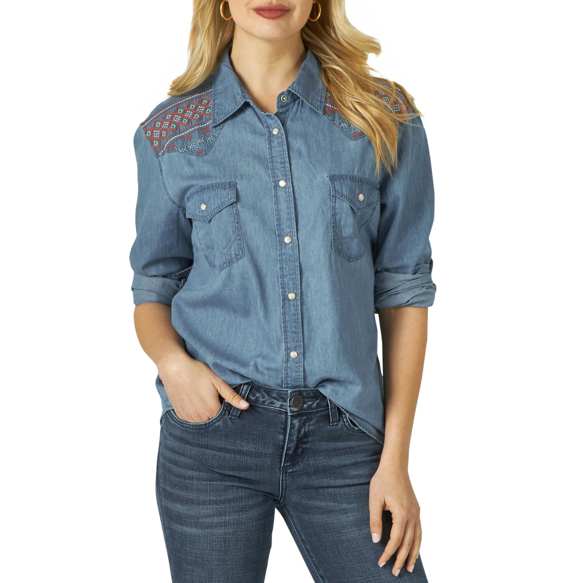 Wrangler Women's Retro Western Denim Snap Shirt - Walmart.com
