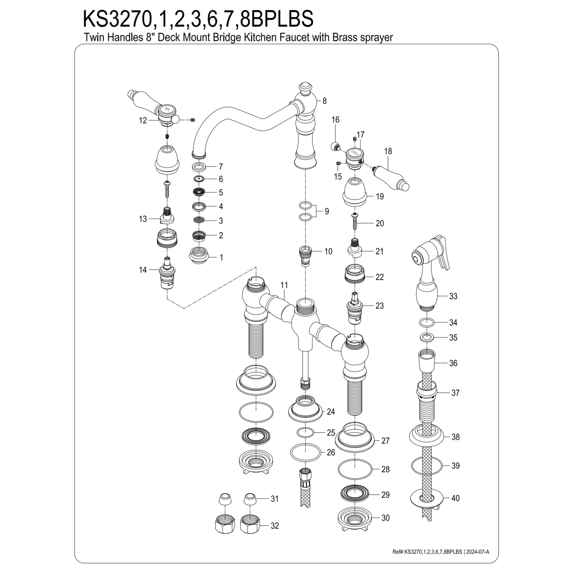 Kingston Brass KS3272BPLBS Bel-Air Two-Handle 4-Hole Deck Mount Bridge Kitchen Faucet with Brass Side Sprayer in Polished Brass