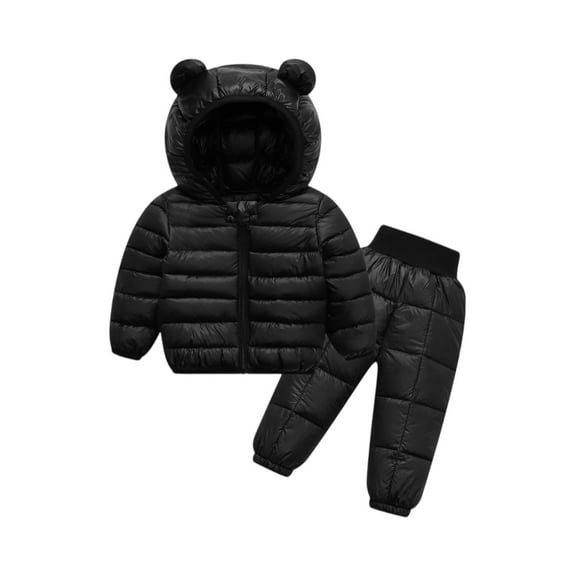 Boys Girls Toddler Bear Ear Hooded 2 Piece Puffer Jacket and Pants Set Kids Winter Clothing Black, 6-7Y