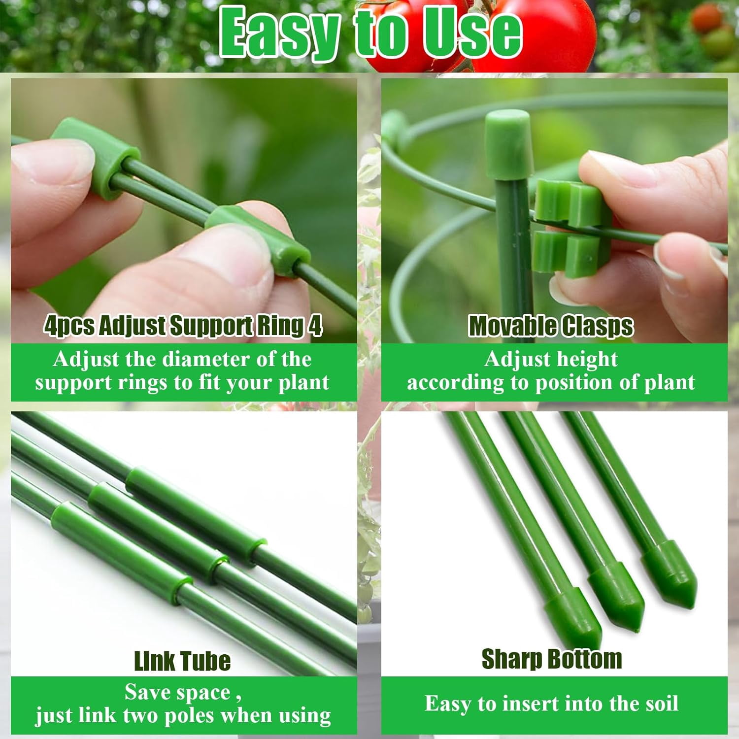 36 Inch 6 Pack Plant Support Cages Tomato Cage for Garden with 10 Plant Clips- Plant Cages Adjustable Rings, Tomato Plant Support Stakes Trellis for Pots, Peppers, Cucumbers and Flowers