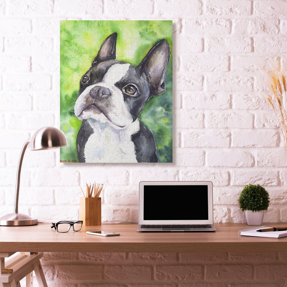 Stupell Industries Cute Boston Terrier Dog Pet Animal Watercolor Painting Super Canvas Wall Art by George Dyachenko