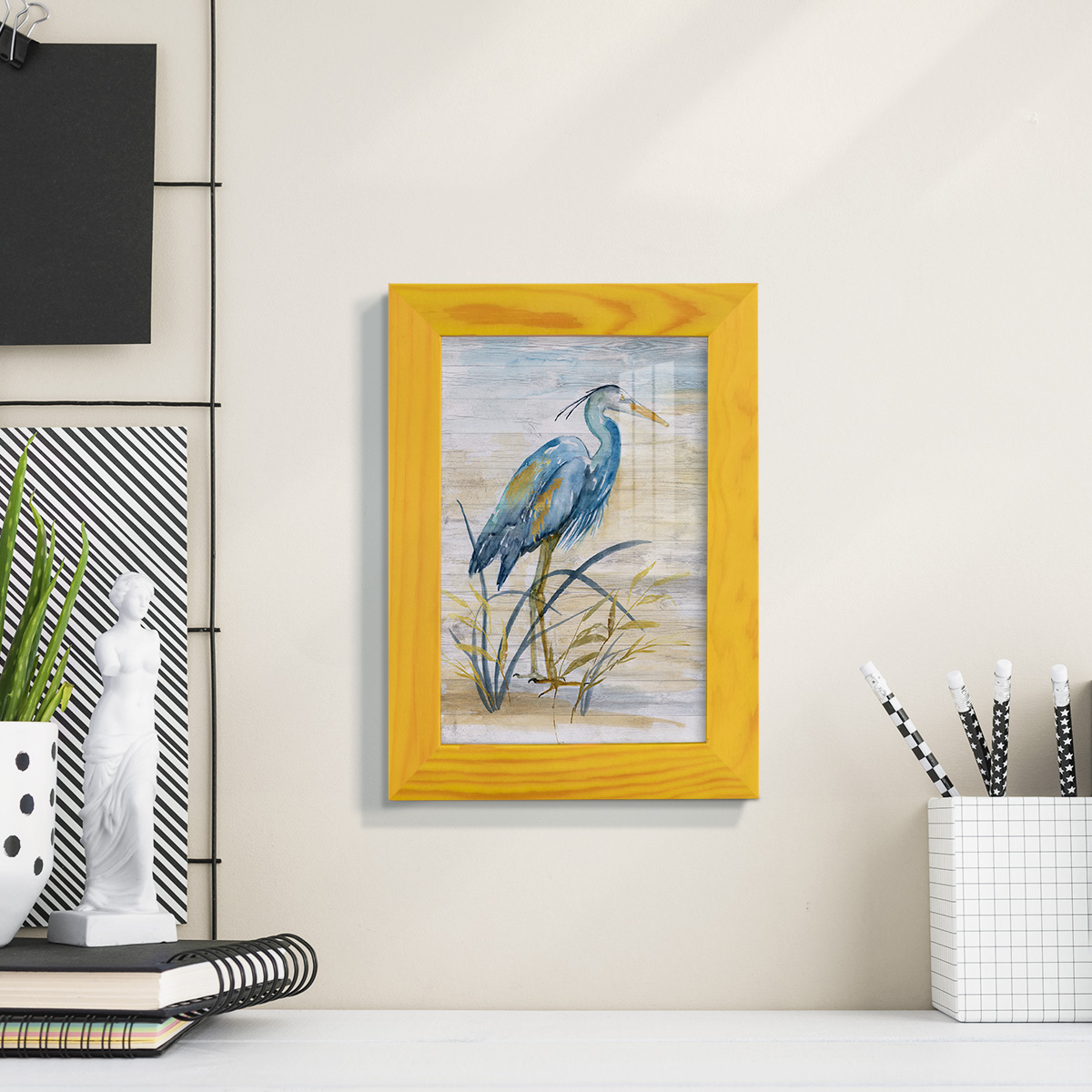 Blue Heron I -Framed Print w/glass-Sunflower Yellow