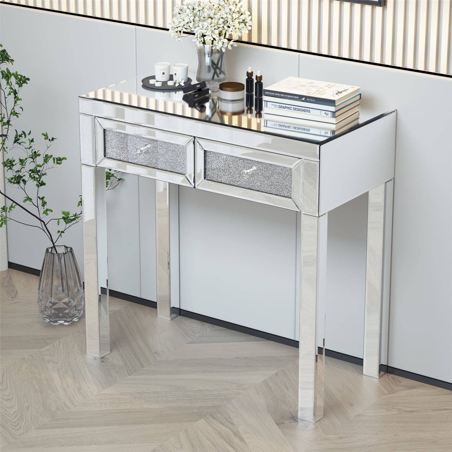 Private Jungle 2 Piece Home Furnishing Mirrored Vanity Table Set with Stool,Silver Private Jungle 2 Piece Home Furnishing Mirrored Vanity Table Set with Stool,Silver