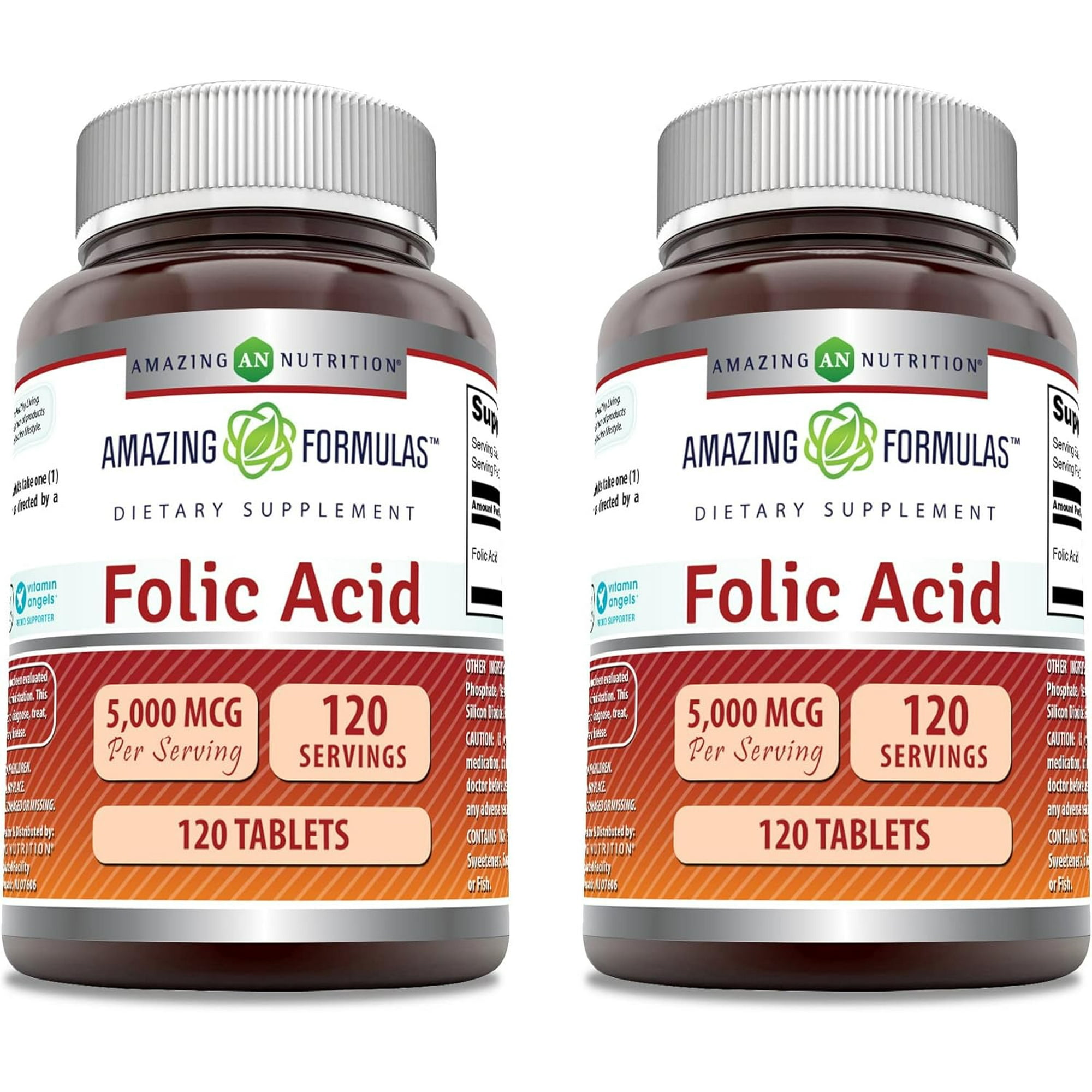 Amazing Formulas Folic Acid 5000 mcg (5 mg) 120 Tablets Supplement | Vitamin B9 | Non-GMO | Gluten Free | Made in USA | Pack of 2