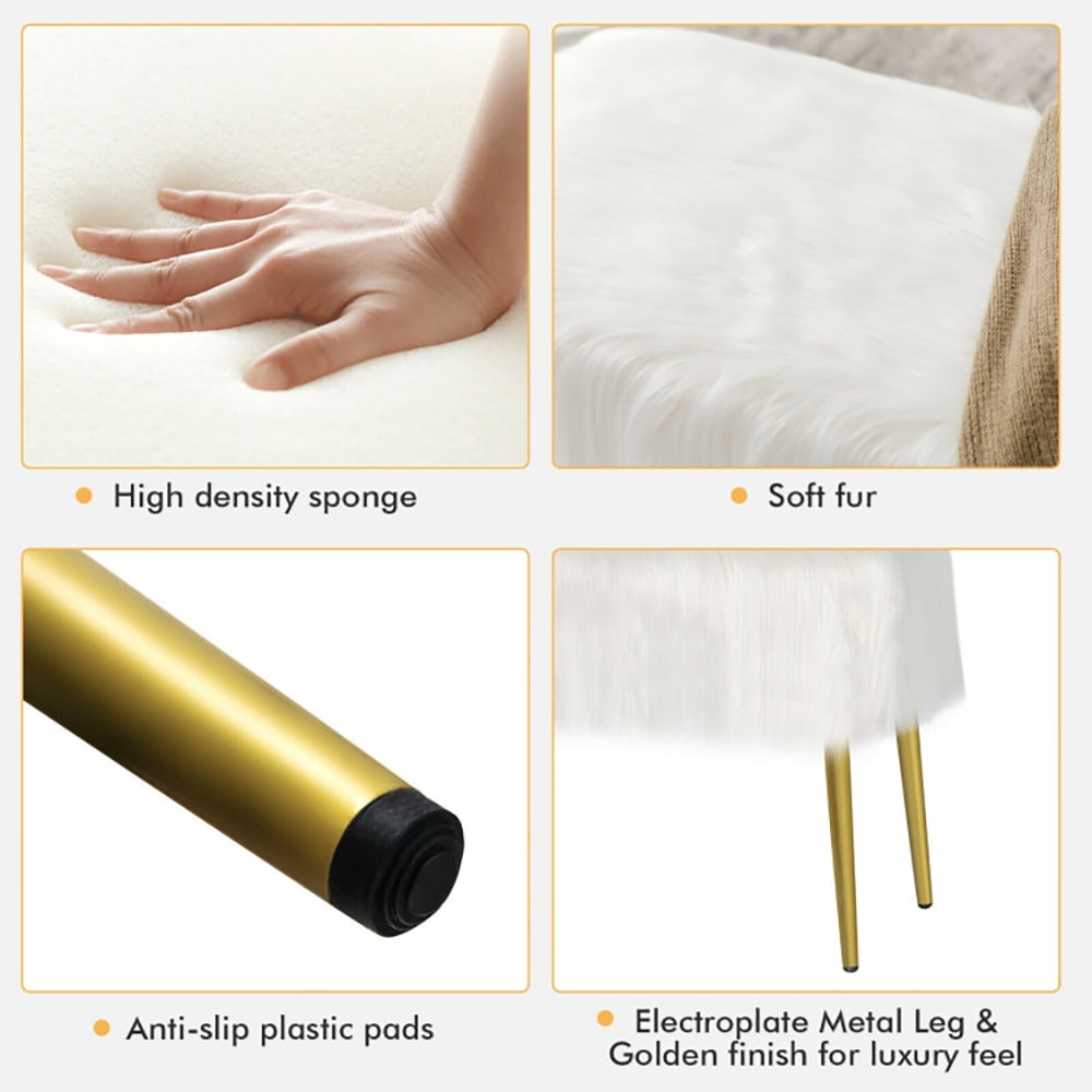 Finihen Upholstered Faux Fur Vanity Stool Chair, Footstool Ottoman, Vanity Stool with Golden Metal Legs, Decorative Furniture Footrest, for Makeup Room, Living Room, Bedroom, White