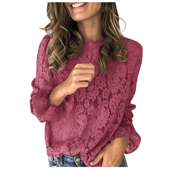 Womens Summer Outfits, Womens Shirts, Elegant Hollow Lace Women Shirts Fashionable Blouses with Long Flare Sleeves Stylish O-Neck Design for Modern Women