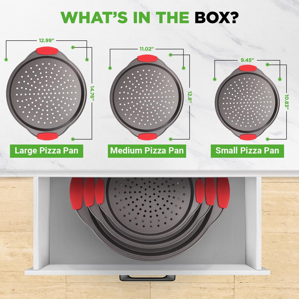 3 Piece Pizza Tray Set with Silicone Handle - Round Steel Non-stick Pan with Perforated Holes (Gray Coating)