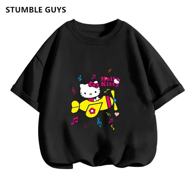Conjunto de camiseta de Hello Kitty para niños y niñas, ropa holgada de manga corta Y2K, Top con estampado oscuro para mujer, ropa dulce Harajuku