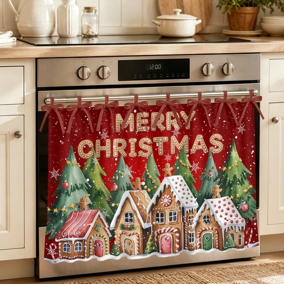 Oven Skirt Curtain for Kitchen 21.5x30 Inch, Merry Christmas Oven Curtain with 8 Ribbon Ties & Ruffle Trim, Stove Skirt Curtain Dishwasher for Cabinets Sinks Winter Trees Xmas Snowflake Gingerbread
