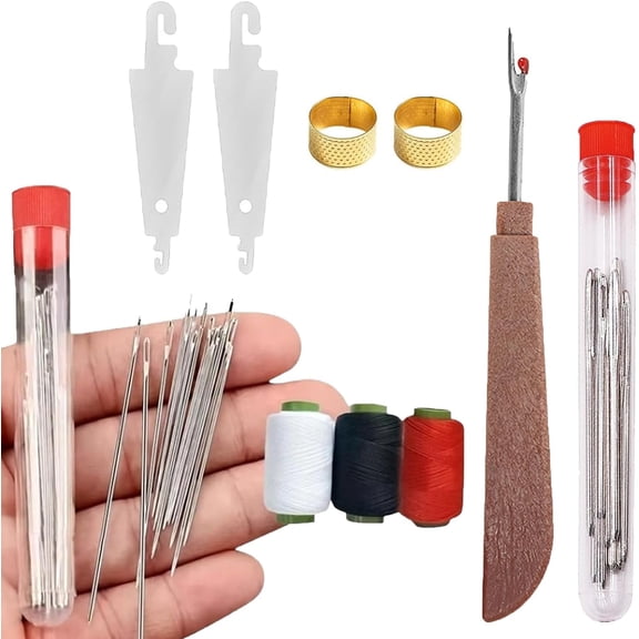 Big Eye Steel Sewing Needles Kit, 34 Piece Big Eye Steel Needle Set, Include 25 Steel Needles, 1 Seam Sewing Thread Ripper, 2 Needles, Threaders, 6 Threads