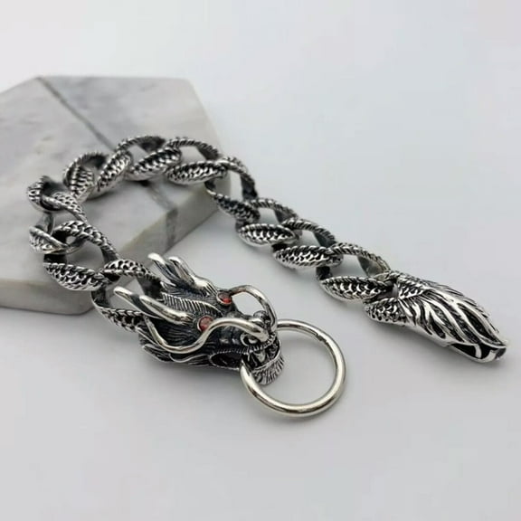 K-KED Solid 925 Sterling Silver Chain Lucky Dragon Cuban Curb Link Bracelet 53.4g 