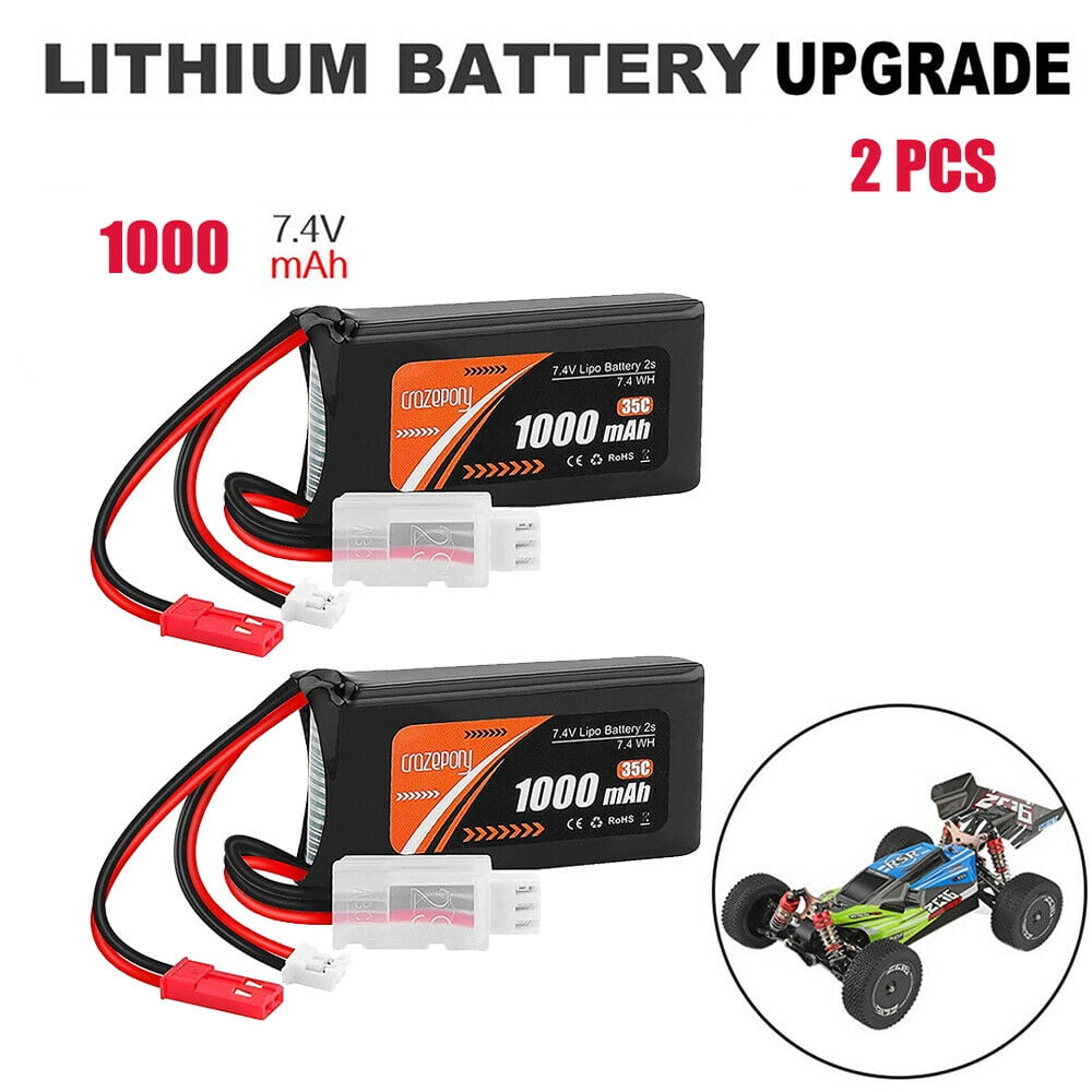 2Pcs SCX24 Batteries with PH2.0 & JST Plug 35C Lithium Battery with 2 in 1 USB Charger for WLtoys A949 A959 A969 A979 Most 1/10 1/16 1/18 1/24 RC Cars 2S 1000mAh 7.4V Lipo Battery 