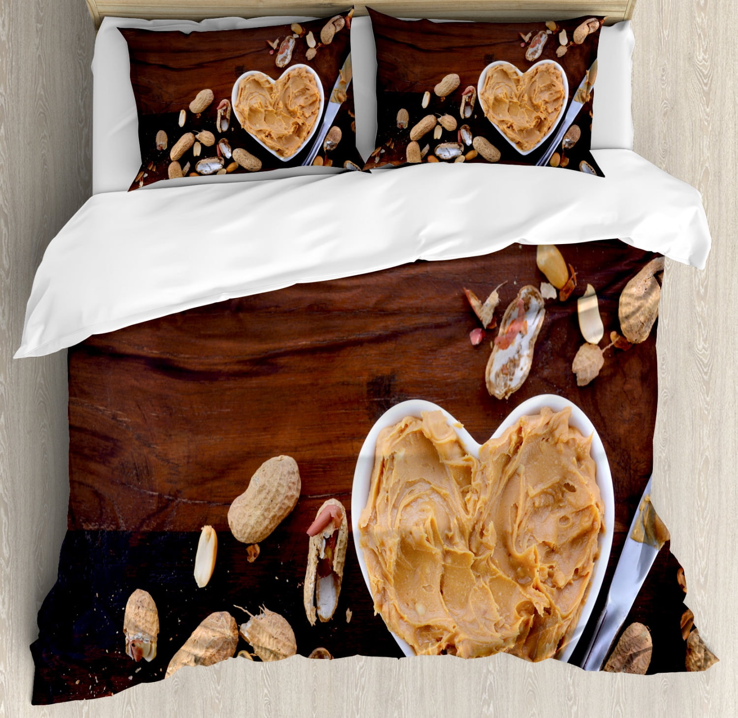 Peanut Butter Duvet Cover Set Queen Size, Crunchy Peanut Butter in White Heart Shape Dish on