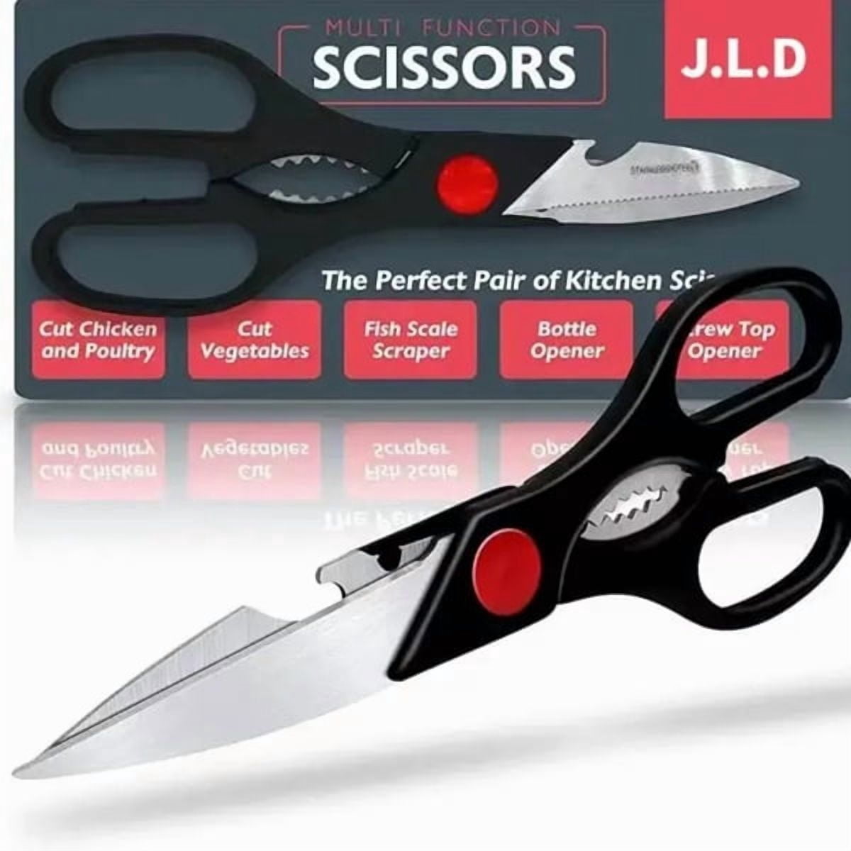 Multi-Functional Kitchen Scissors - Stainless Steel Blade, Ergonomic Grip - Cuts Meat, Veggies, Opens Bottles/Nuts, Dishwasher Safe
