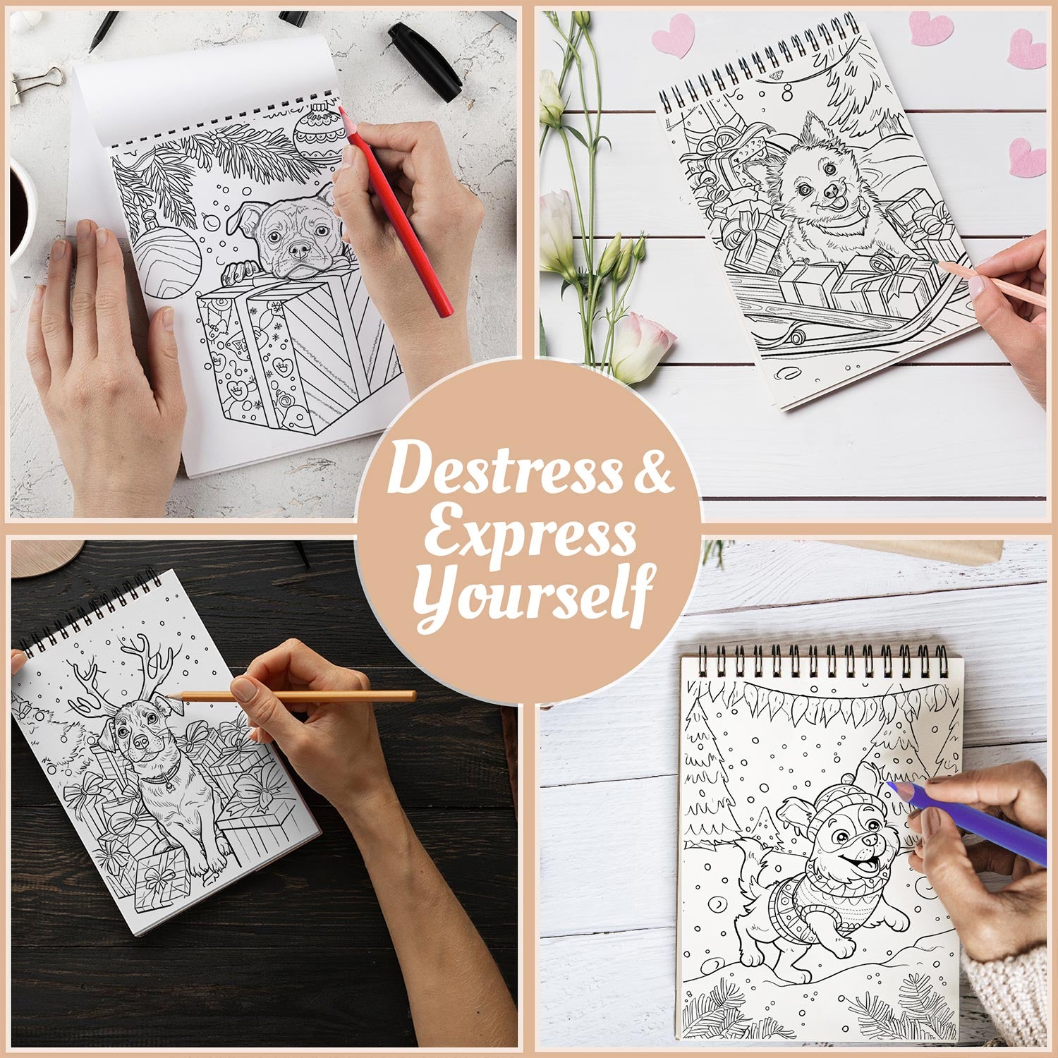 Netecom Merry Dogmas Coloring Book Spiral Bound for Adults, A5 Wooden Cover, 30 Christmas Theme Coloring Pages of Cute Dogs for Stress Relief and Relaxation