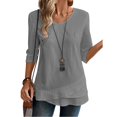 thumbnail image 4 of Juniors T-Shirts Linen Shirts Solid Color 3/4 Sleeve Tops Summer Casual Loose Round Neck Work Blouses Ladies Basic Tunic Tops T Shirts for Women, 4 of 6