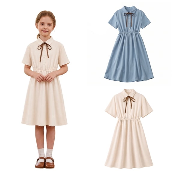 SHenli Girls Dress 13-14 Years Kids Casual Pleated School Uniform Dresses Lapel Collar A-Line Dress,Navy