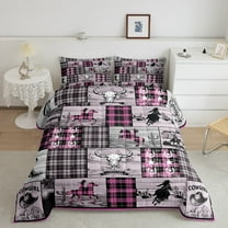 Erosebridal Pink Western King Bedding Sets Country Cowgirl Comforter Set Wild West Bull Horse Comforter Teen Women,Rustic Farmhouse Buffalo Plaid Quilt 2 Pillow Cases Room Decor