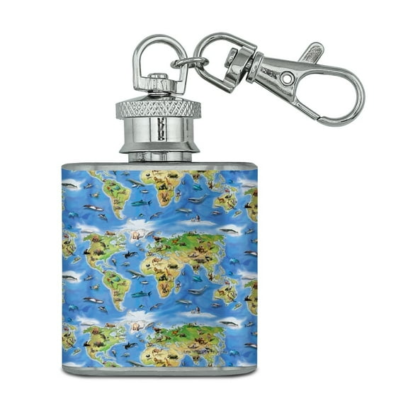 Animals of the World Continents Atlas Globe Pattern Stainless Steel 1oz Mini Flask Key Chain