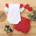 thumbnail image 5 of Mercatoo 3Pcs Baby Girl Clothes Toddler Girl Summer Outfit Ruffled Sleeve Patchwork Romper Polka Dot Shorts with Headband Sets, 5 of 9