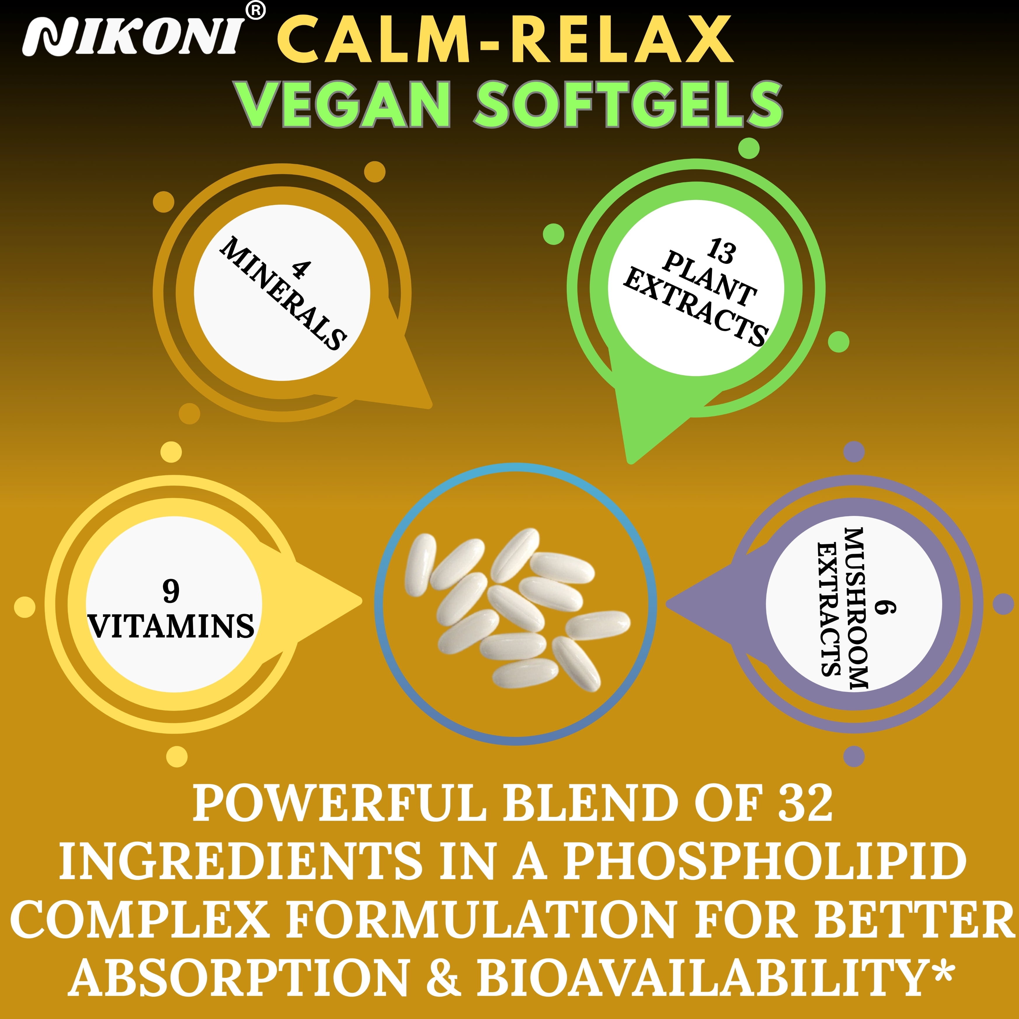 Nikoni Calm Relax Phospholipid Complex Enhanced Absorption Formula Stress Support 60 Vegan Softgels