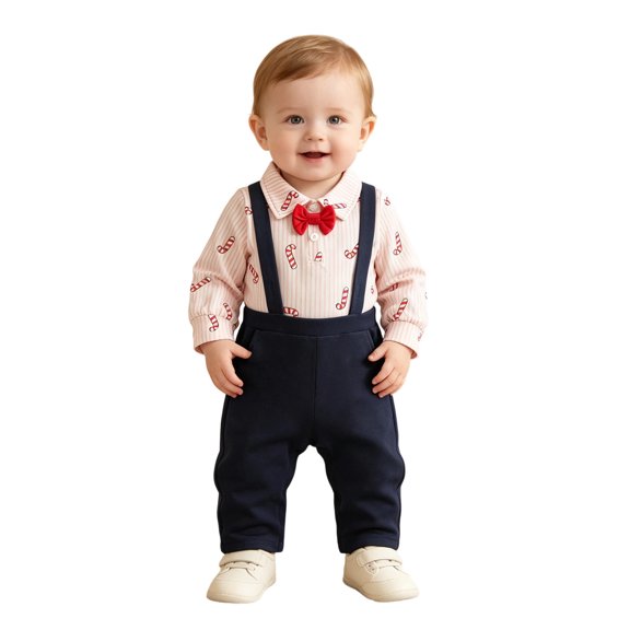 Bainana Kids Christmas Gentleman Outfit Set Long Sleeve Letter Print Shirt And Suspender Pants 2 Pieces Suit Set Infant Boys Girls Breathable Active Wear