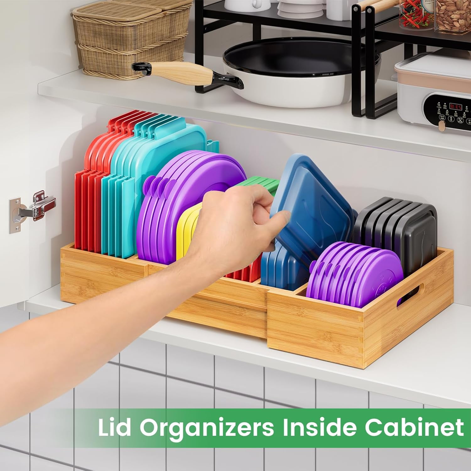 Semiocthome Drawer Organizer Bamboo Expandable Lid Organizer with 3 Adjustable Divider,Kitchen,Natural