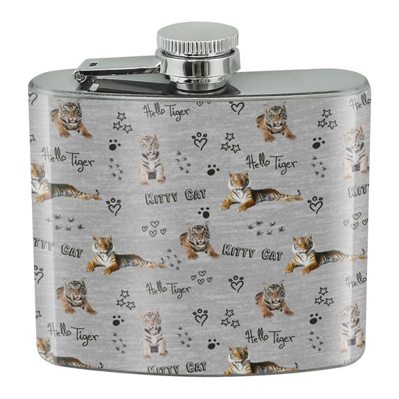 Hello Tiger Kitty Cat Paw Print Hearts Pattern Stainless Steel 5oz Hip Drink Kidney Flask