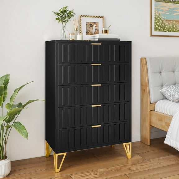 Craftian 5-Drawer Metal Dresser for Bedroom, Fluted Chest of Drawers with Stand, Black