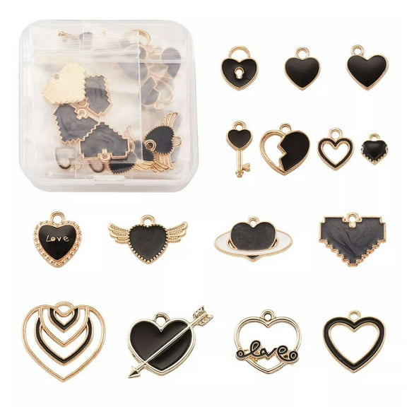 U8MO 60pcs Black Alloy Enamel Heart Pendants15 Style Mini Metal Dangle Charms 8~23mm