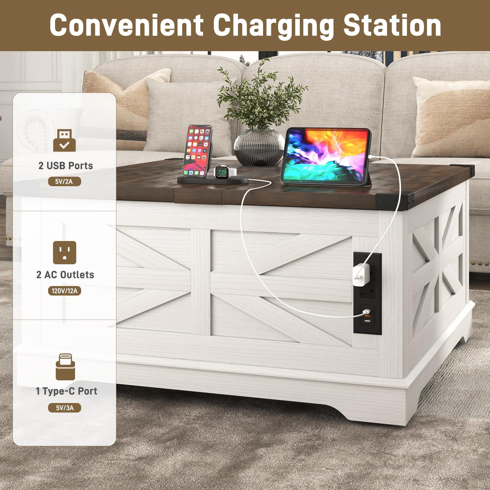 ANPOO 36” Square Lift Top Coffee Table with Power Outlets & Movable Wheels, Farmhouse Coffee Table w/Large Hidden Storage, Multi-Function Lift Wood Center Table for Home, Office,Rustic White