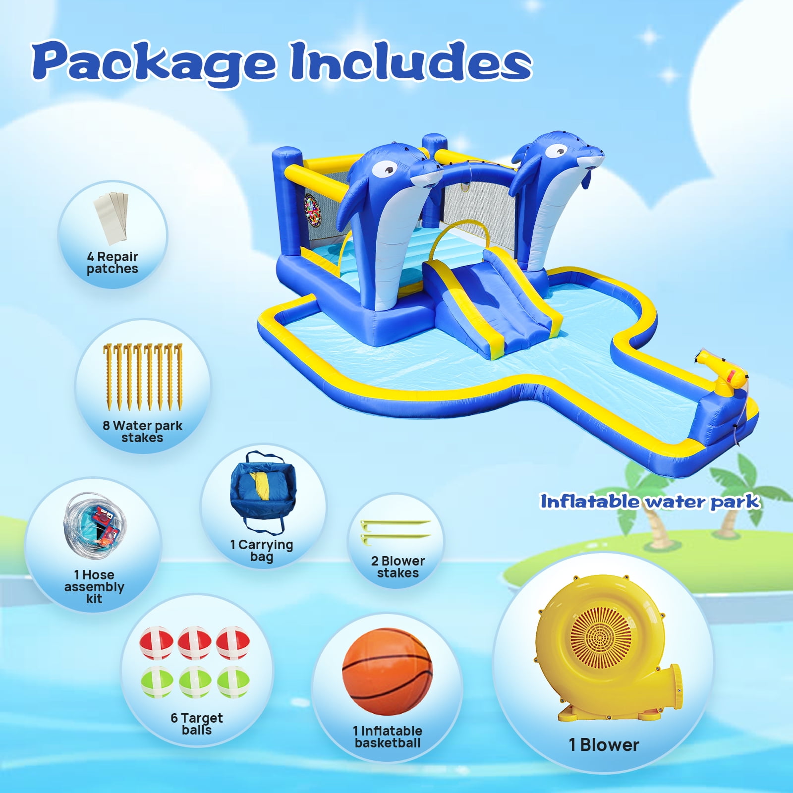 YIYADO Inflatable Bounce House Water Slide, Indoor and Outdoor Bounce House for Kids, Dolphin Sprinkler and Target Game and Water Gun and Basketball, Blue