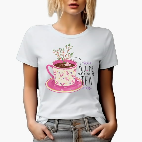 You, Me and a Cup of Tea Quote with Cute Hand Drawn Teacup, Valentine's Day Art Merch Gift, White T-Shirt, Small