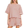 thumbnail image 3 of Women 2 Piece Sets Summer Outfits Cute Stripe Knit T Shirts Shorts Matching Lounge Set Wine Red S, 3 of 7