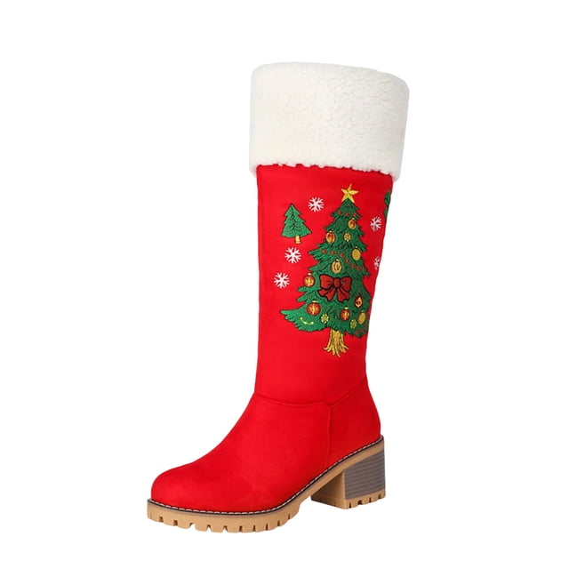 Bottes d'Hiver Rouges pour Femmes Brodées Hauteur Genou Bout Rond Semelle Épaisse Talon Bloc Doublées en Molleton Antidérapantes Décontractées pour l'Extérieur Taille 36