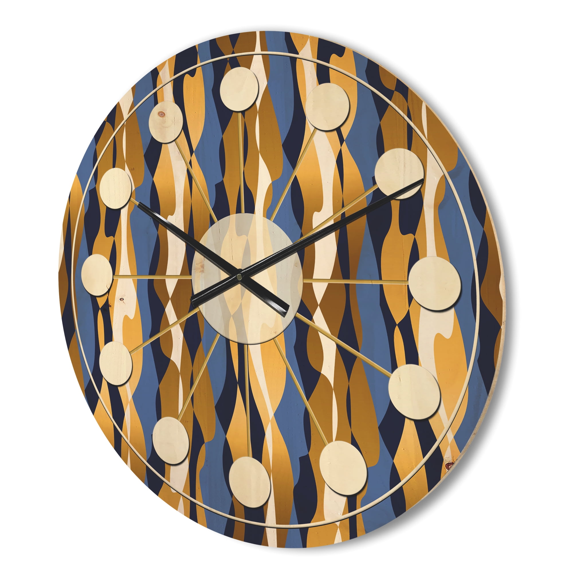 Designart 'Retro Luxury Waves In Blue and Gold I' Mid-Century Modern Wood Wall Clock