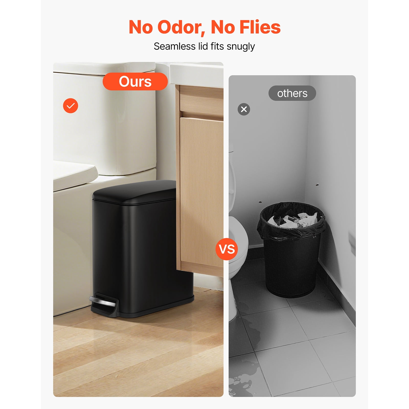 KFFKFF Slim Bathroom Trash Can, 11.4 x 5.71 x 10.7 Inch Compact Trashcan with Step Pedal & Quiet-Close Lid, 6L Steel Bin with Removable Inner Container, for Kitchen, Home, Dorm, Office, Black