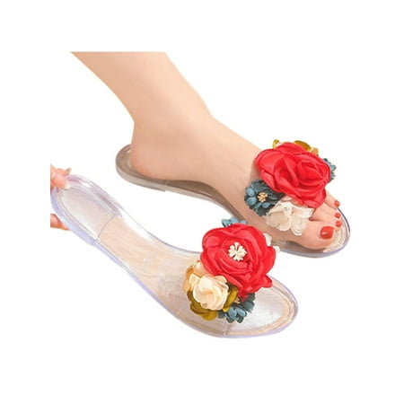 

Rockomi Ladies Slippers Slip On Flat Sandals Transparent Summer Slipper Womens Casual Nonslip Slide Sandal Soft Open Toe Slides Red 7.5