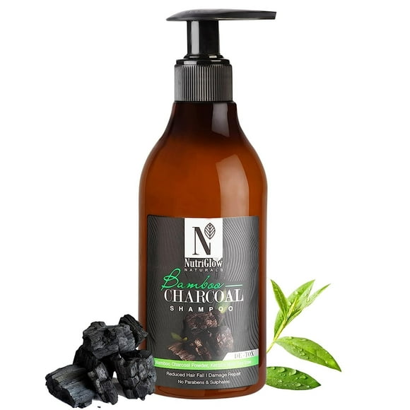 Nutriglow Natural's Bamboo Charcoal Shampoo for Smoothing Repairing Dull Brittle Hair| Stimulates Hair Growth Voluminous Shiny Manageable Hair | No Parabens & Sulphates (300 Ml)
