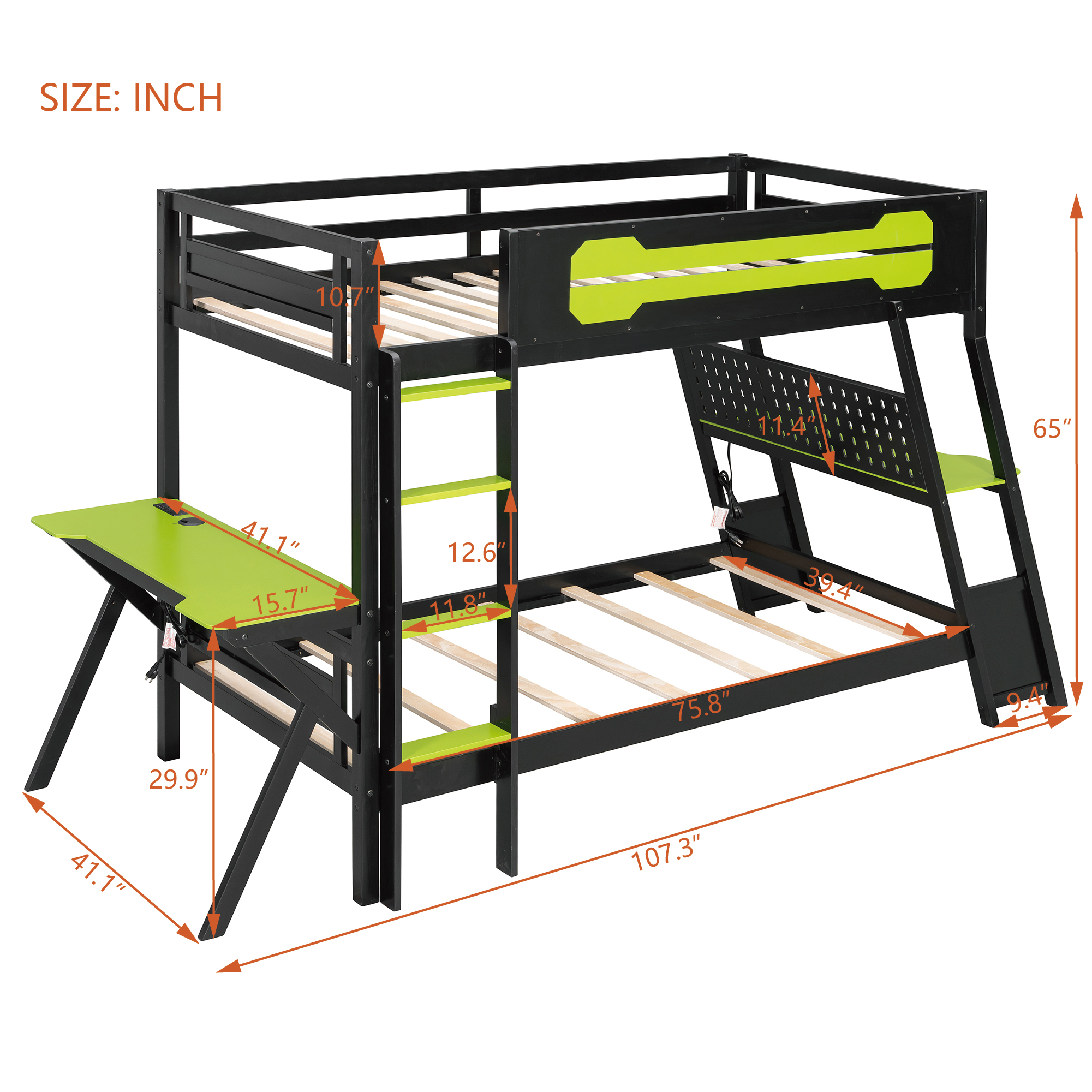 Aukfa Twin over Twin Bunk Bed with Built-In Desks, USB Charging Ports & Pegboard Organizer, Wood E-Sports Gaming Bed Frame for Kids/Teens, Green
