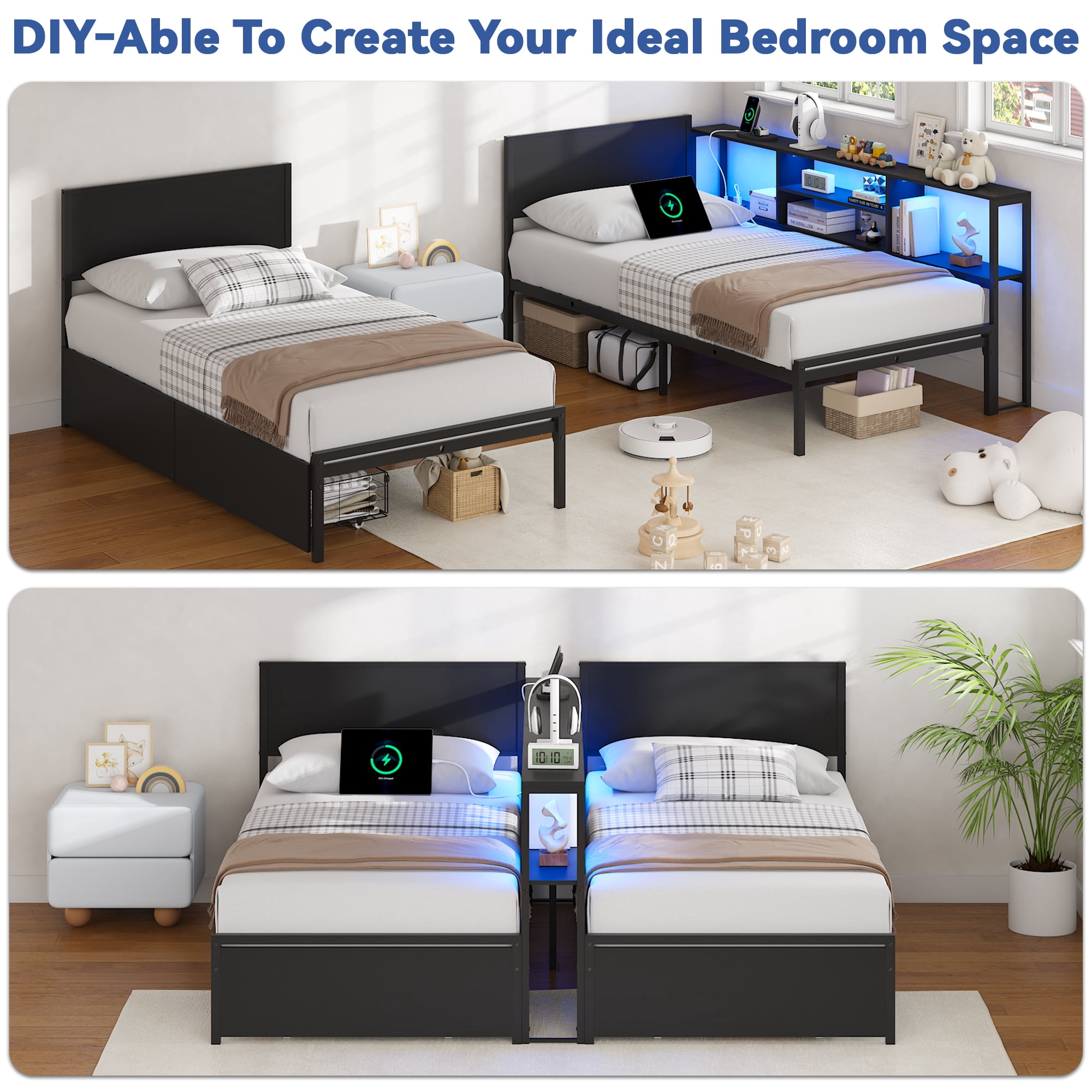 Miniyam King Size Bed Frame with Storage, 2-in-1 Convertible Twin Beds, LED & Charging Station, Gray